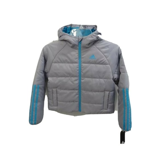 GIRLS | ADIDAS | HOODED PUFFER JACKET | SMALL | 7/8 | GRAY  New With Tags - Picture 1 of 8